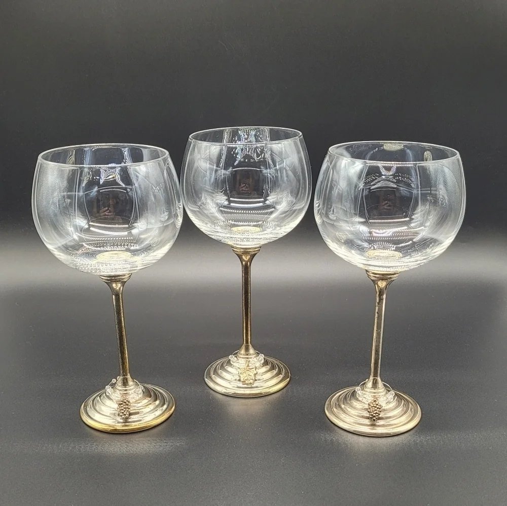 Balloon Wine Glasses Crystal Metal silverplated stems & bases Set of 3 Vintage‌